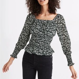 Madewell Small Georgette Square-Neck Smock-Waist Top in Forest Leaves